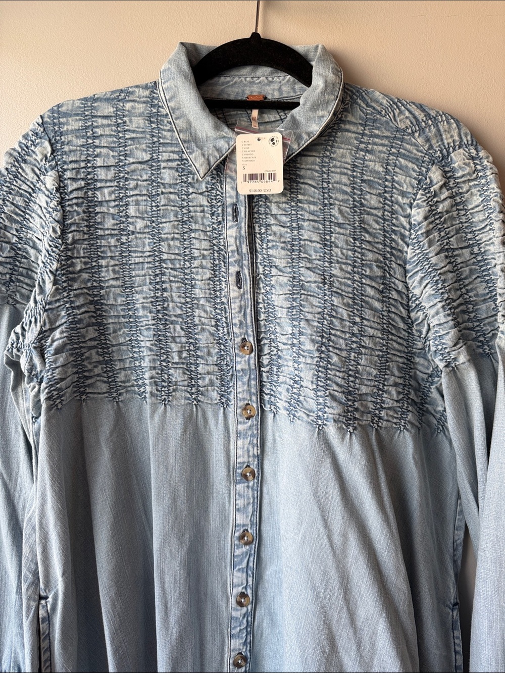 Free People Find Me Now denim Blue Smocked Yoke Denim Mini Dress Small - Picture 2 of 8